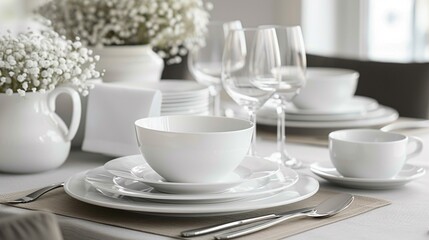 Fototapeta na wymiar A set of pristine white dinnerware arranged on a table, ready for an elegant dining experience.