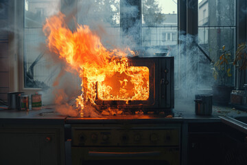 Microwave oven burns in fire and smoke in the kitchen