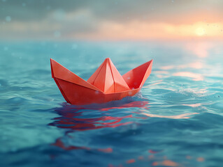 Obraz premium Detailed red paper boat on a clear blue sea, symbolizing a resilient solitary journey