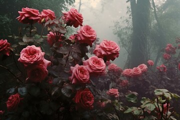 Vibrant Mysterious garden roses bushes. Dreamy fairy. Generate Ai