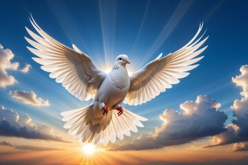 Obraz premium white dove flying on sky in beautiful sunset light for freedom concept