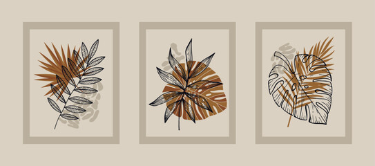 Set of abstract wall art vector. Brown colors. Leaves, organic shapes, tropical leaf in hand drawn style. Wall decoration collection design for interior, poster, cover, banner.