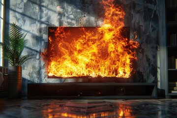Broken TV burning in flames, concept of short circuit, fire safety - obrazy, fototapety, plakaty