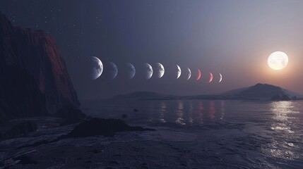 Tranquil moment as the moon transitions through different shades during the eclipse - obrazy, fototapety, plakaty