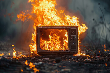 Old retro vintage TV burning in flames