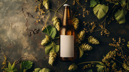 A single beer bottle with blank label surrounded by fresh hops and wheat on a rustic dark surface