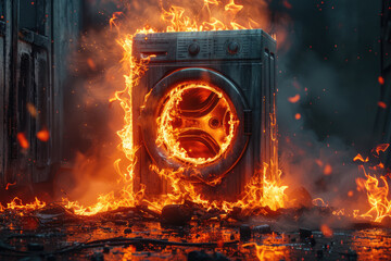 Burning broken washing machine, short circuit - obrazy, fototapety, plakaty