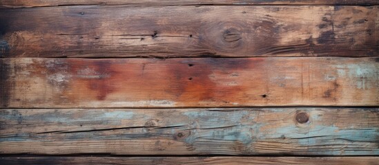 A detailed view of a weathered wooden wall with peeling paint, showcasing the texture of the aged boards. The peeling paint reveals layers of history and adds character to the worn surface.