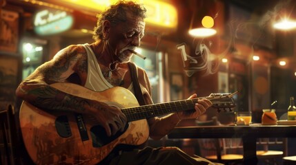 A elderly man with tattoos wearing a white tank-top and smoking a cigarette while playing an acoustic guitar in a disco pub
