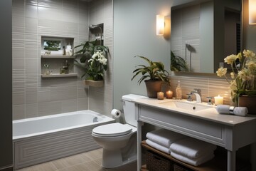Fototapeta na wymiar Modern tranquil bathroom design featuring a bathtub, wooden shelves with candles, and a large window with greenery..