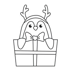 A coloring page with a penguin sitting in a gift box. Black and white cute winter animal. Isolated on white.