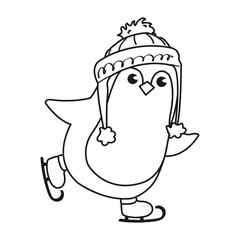 Coloring page with a cute penguin in a hat ice skating. Black and white cute winter animal. Isolated on white.