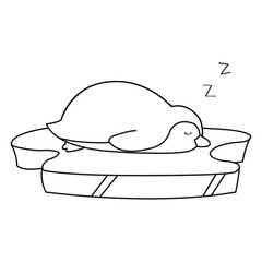 Coloring page with a penguin sleeping on an ice floe. Line drawing of a winter character. Isolated on white.