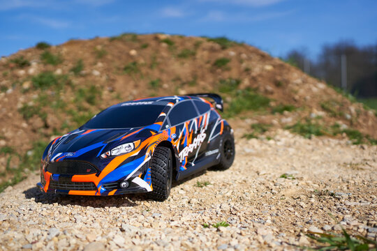 Ford fiesta rc rally car. The new Traxxas 4wd. Toy offroad vehicle on the race track.