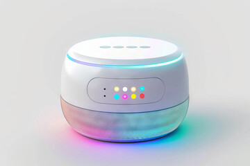 Smart speaker with LED indicators and a reflective surface, featuring colorful ambient lighting on a white background