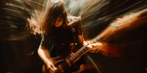A dynamic shot of a female musician passionately playing electric bass guitar on a blurred stage. - obrazy, fototapety, plakaty