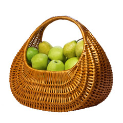 juicy green apples and pears in basket, isolated on transparent background
