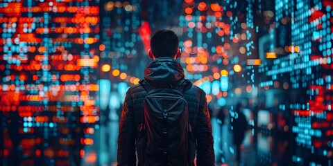 Young Man Contemplating Future Possibilities in Futuristic Cityscape with Digital Data Streams, To convey the concept of the collaboration between