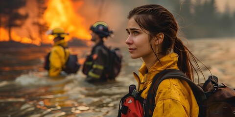 Focused Female Firefighter Facing Camera with Team Amid Forest Fire, To convey a message of bravery, unity, and action in the face of danger, - obrazy, fototapety, plakaty