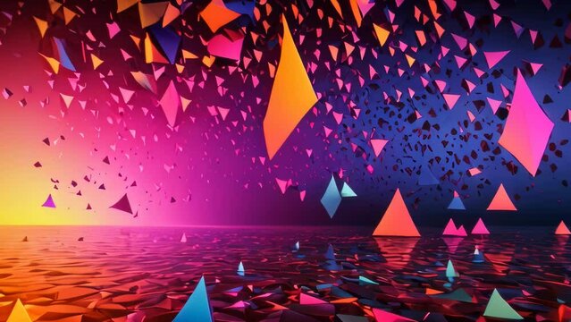 Video animation of vibrant scene where various shaped and colored polygons are floating above a serene ocean against the backdrop of a beautiful sunset