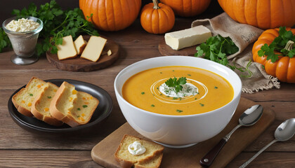 pumpkin soup with cream cheese and parsley on a wooden table