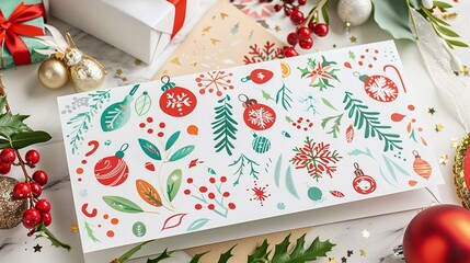 Festive holiday party invitation featuring festive motifs and cheerful colors, positioned elegantly on a white surface, spreading the joy of the season.