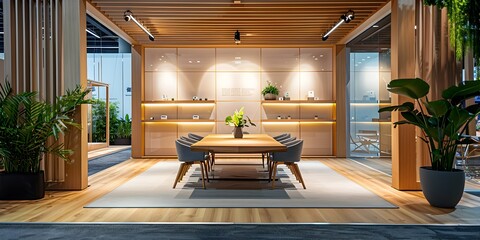 Modern Office with Wood Paneling and Open Space Dining Table, To convey a welcoming and upscale office atmosphere - obrazy, fototapety, plakaty