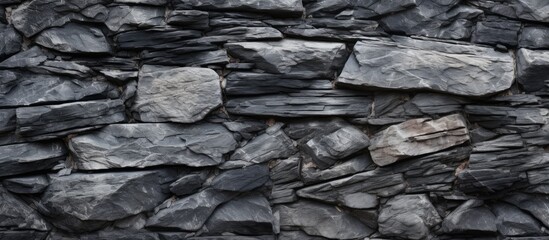 A close-up view of a weathered stone wall, showcasing the textures and patterns of the gray stones interlocked to create a rustic structure.