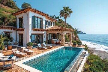 Fototapeta premium An elegant beachfront villa boasting a private pool, spacious terraces, and panoramic ocean views, epitomizing luxury coastal living..