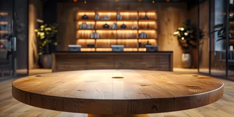Deurstickers High Quality Round Wood Tabletop in a Wine Store Setting, To provide a high-quality, image of an empty tabletop for product presentation, © Wuttichai