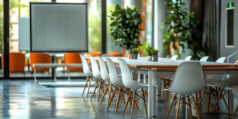 Modern Conference Room with White Chairs and Orange Accents, To convey a professional and modern setting for business or educational events and