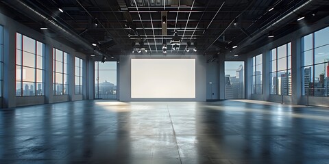 Empty Demo Space with White Screen and City View, To showcase the potential of a blank space as an interactive learning zone or film studio