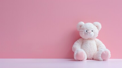 Soft white teddy bear sitting on a pink surface with a minimalist background.