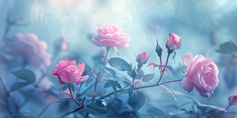 Gentle pink roses blooming with a soft-focus dreamy blue background.