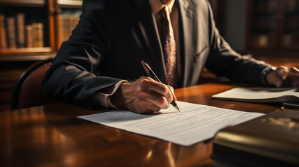 Professional businessman signing a contract at a wooden desk with warm ambient lighting.