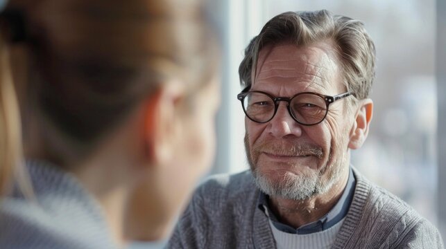 Elderly man with glasses sharing a joyful moment with an out-of-focus companion indoors.