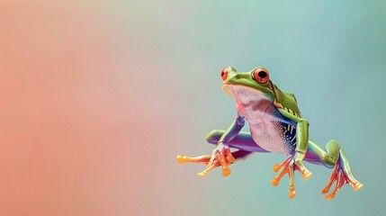 Naklejka premium Green exotic frog jumping on a pastel gradient background with copy space. February 29th leap year day concept