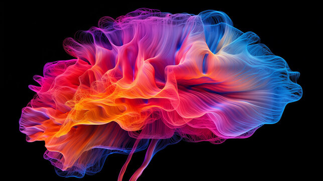 Vibrant colored smoke resembling brain on black background, illustrating creativity and imagination