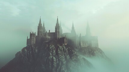 Magical virtual castle perched atop a misty hill, its turrets and spires reaching towards the digital sky in majestic splendor.
