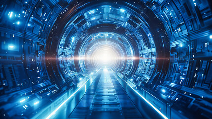 Fototapeta na wymiar Starship Corridor with Futuristic Neon Lights, Sci-Fi Space Travel Concept, Modern Interior Design