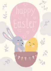 Cute bunny and Easter egg are flying in a hot air balloon. Delicate pastel colors, in the style of pastels and felt-tip pens. Beautiful Easter card for printing.