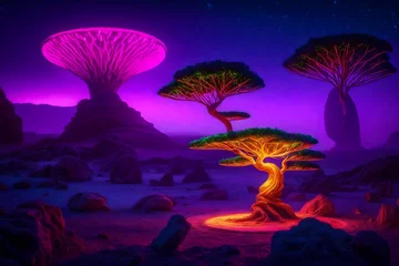 Crédence de cuisine en verre imprimé Violet landscape with trees and moon