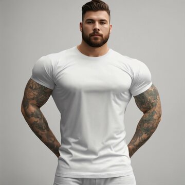 white t shirt wearinng by bodybuilder mockup . 