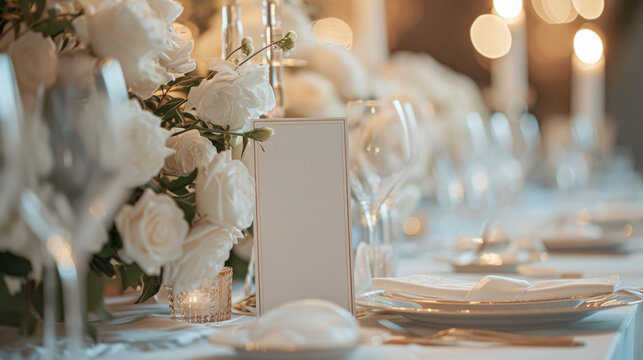 An opulent wedding reception table set with a pristine white floral arrangement, fine glassware, and a sophisticated menu awaiting guests...