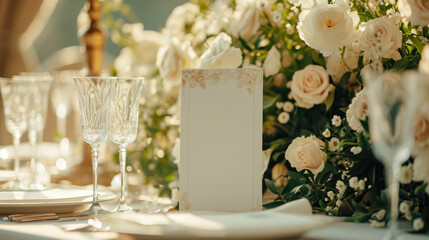 Naklejka na ściany i meble An opulent wedding reception table set with a pristine white floral arrangement, fine glassware, and a sophisticated menu awaiting guests...