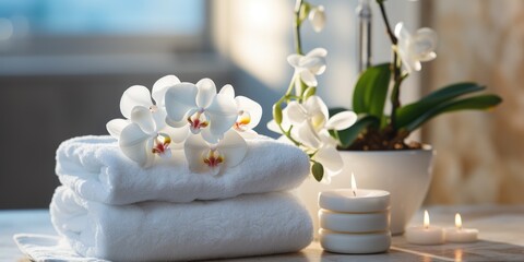Obraz na płótnie Canvas An inviting spa-like atmosphere featuring white orchids, fluffy towels, and lit candles, creating a sense of relaxation and luxury