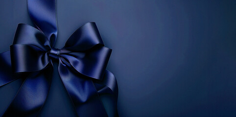 Blue velvet background with a bow. Dark blue bow, ribbon. - obrazy, fototapety, plakaty