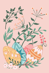 Easter spring holiday postcard design. Vector illustration. Plants and egge on pastel background.