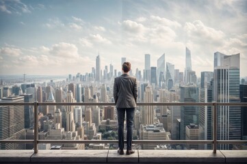 Fototapeta na wymiar Businessman standing on the roof of a skyscraper and looking at the city