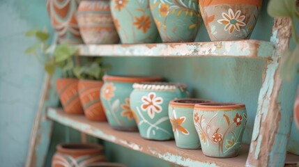 Hand painted terracotta pots arranged on a wooden ladder shelf, each pot featuring unique floral and geometric designs, against a pastel-hued wall
